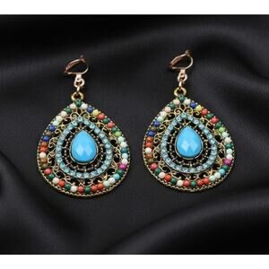 Clip on 1 3/4" gold and blue multi colored bead dangle teardrop earrings